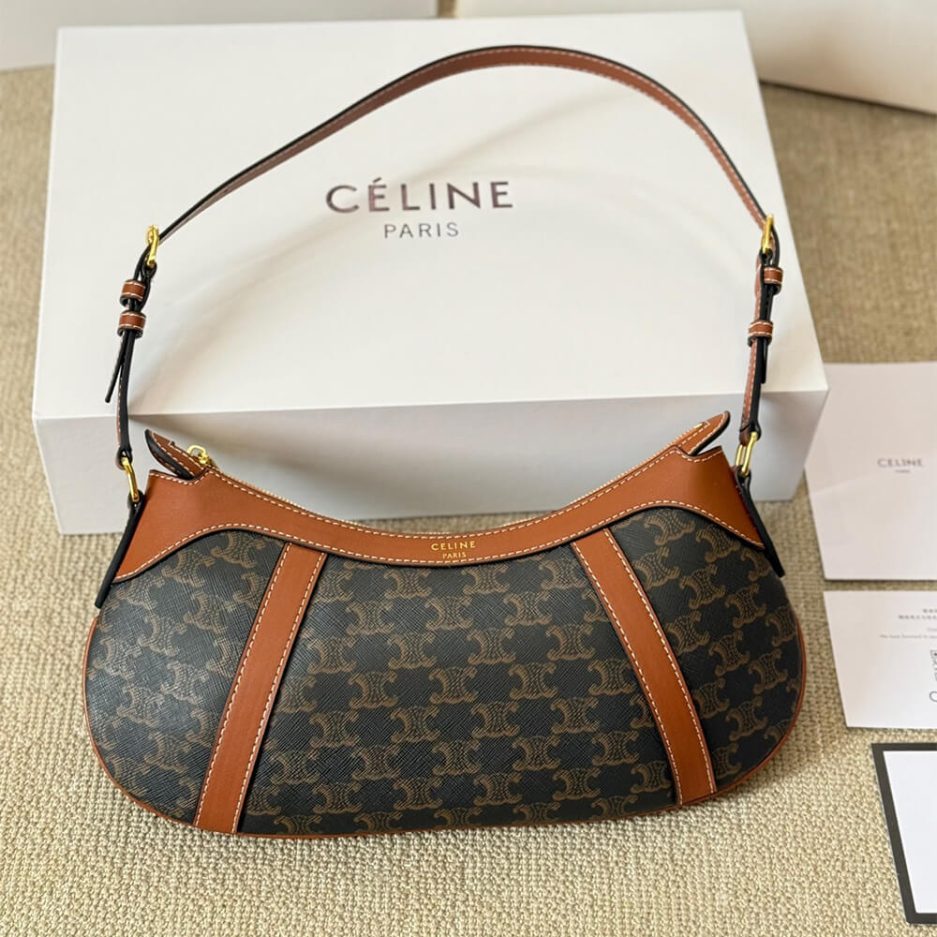 CELINE STRIPED LOGO PRINTED COW LEATHER HOBO BAG - 图片 2