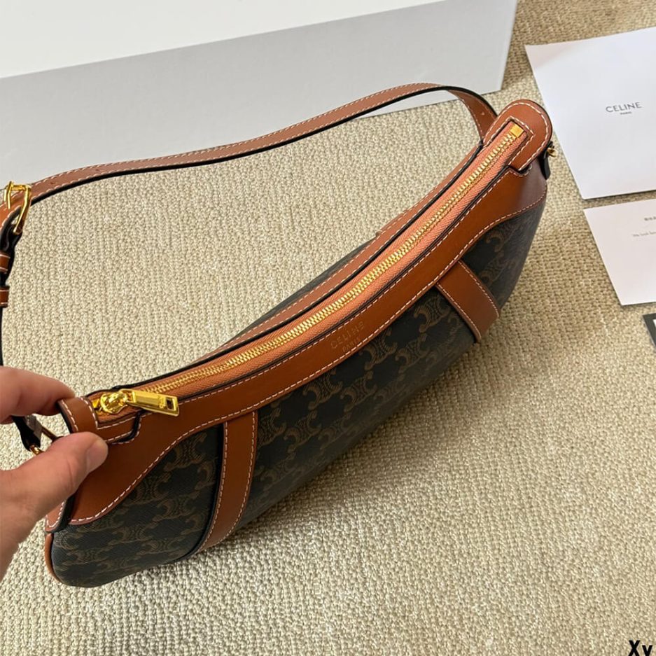 CELINE STRIPED LOGO PRINTED COW LEATHER HOBO BAG - 图片 4